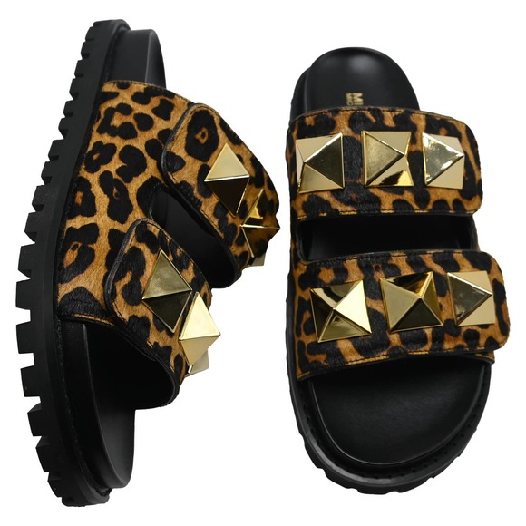 Michael Kors Women's STARK Studded Leopard Print Calf Hair Slide Sandal - Picture 1 of 5
